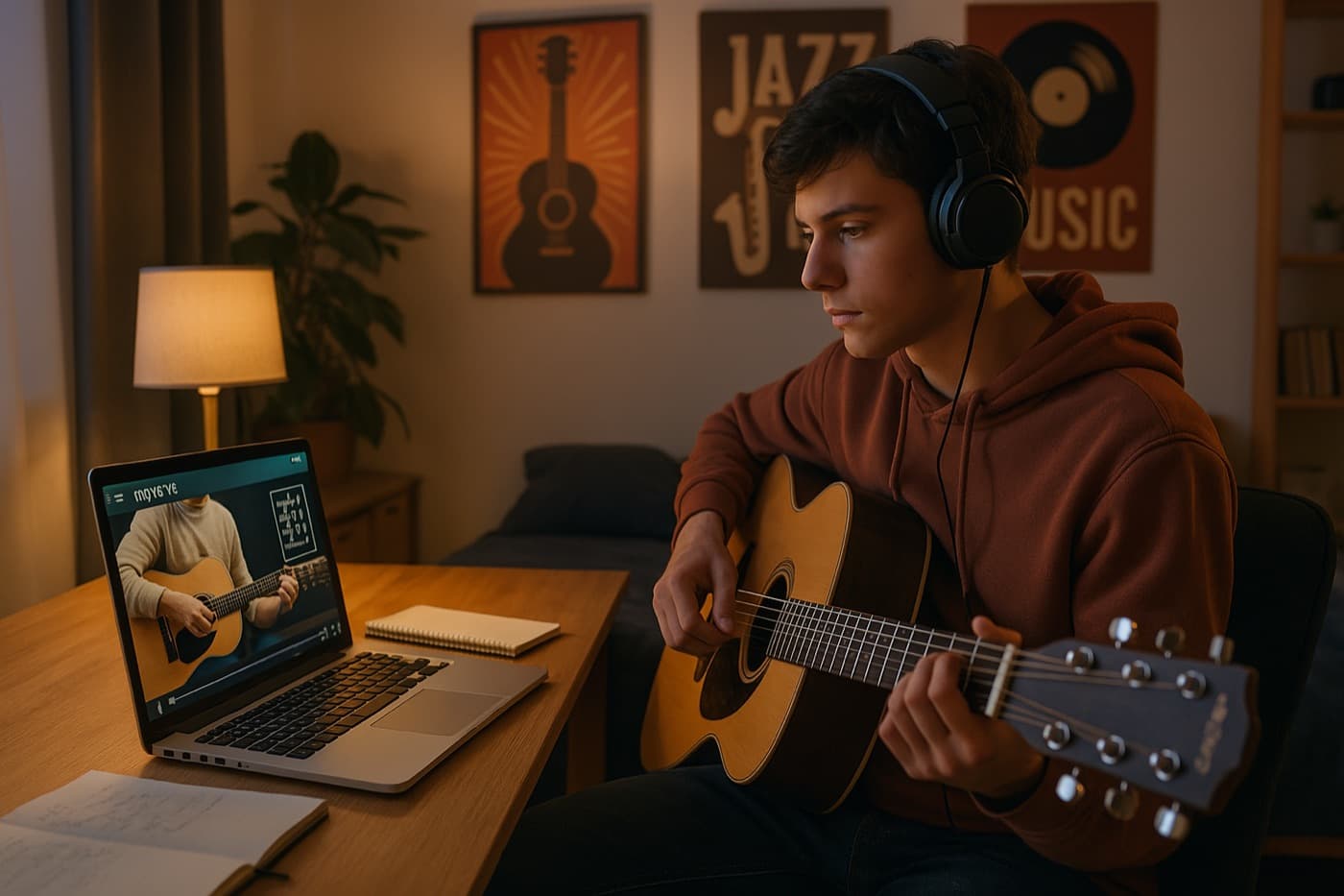 Evinde bilgisayardan gitar dersi izleyen öğrenci